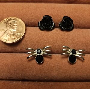 Silver and Black Spider Earrings Set
